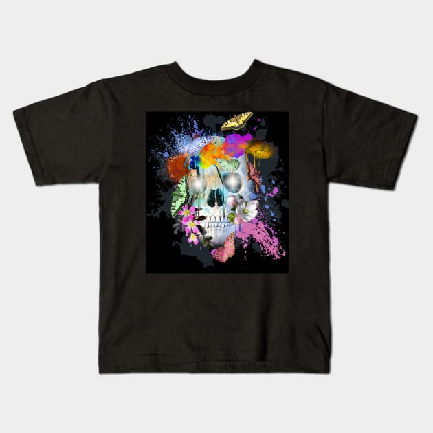 Skull Flowers And Butterfly, Rainbow Butterflies Kids T-Shirt by Random Galaxy